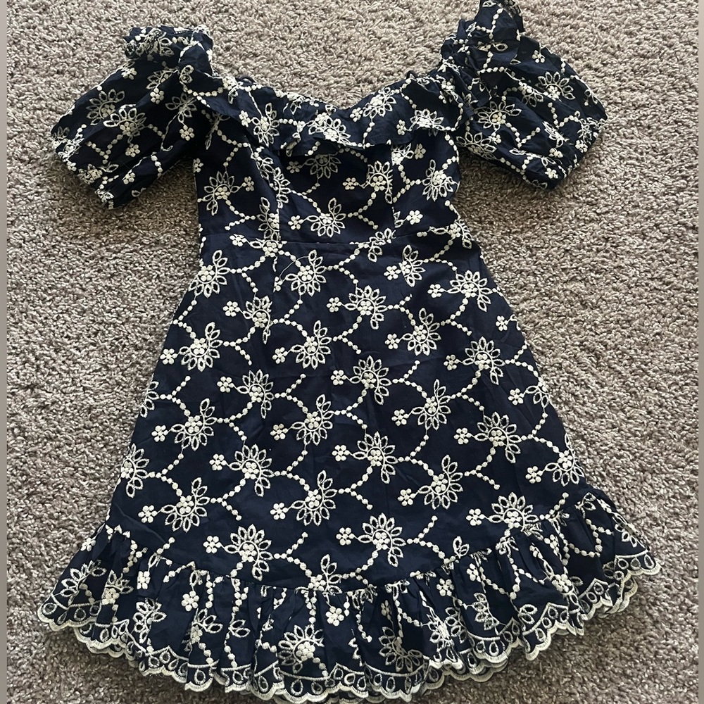 Selfie Leslie-Navy Blue Embroidered Mini Dress